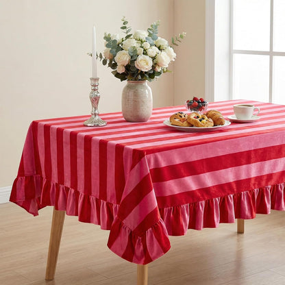 Rectangle Ruffle Tablecloth Velvet Pink Red Striped Table Cloth Boho Decorative Table Cover for Home Baby Shower Wedding Birthday Party Decoration, 55 x 70 Inches