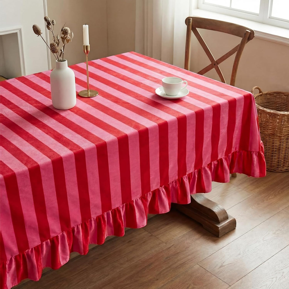 Rectangle Ruffle Tablecloth Velvet Pink Red Striped Table Cloth Boho Decorative Table Cover for Home Baby Shower Wedding Birthday Party Decoration, 55 x 70 Inches
