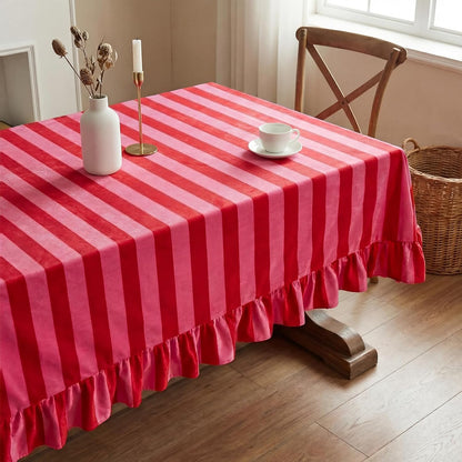 Rectangle Ruffle Tablecloth Velvet Pink Red Striped Table Cloth Boho Decorative Table Cover for Home Baby Shower Wedding Birthday Party Decoration, 55 x 70 Inches