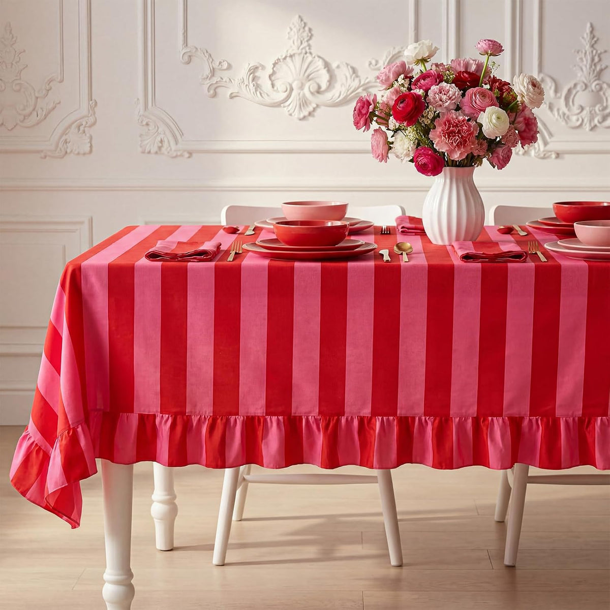 Rectangle Ruffle Tablecloth Velvet Pink Red Striped Table Cloth Boho Decorative Table Cover for Home Baby Shower Wedding Birthday Party Decoration, 55 x 70 Inches