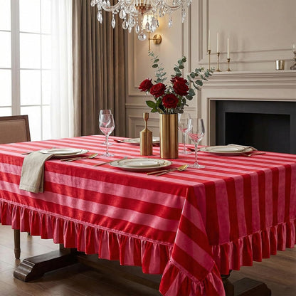 Rectangle Ruffle Tablecloth Velvet Pink Red Striped Table Cloth Boho Decorative Table Cover for Home Baby Shower Wedding Birthday Party Decoration, 55 x 70 Inches