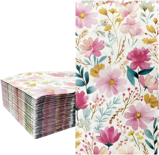 Ottin Pink Floral Paper Napkins, 60pcs, 3-Ply Disposable Decorative Guest Towels Flower Design for Indoor & Outdoor Spring Party, Wedding, Bridal Shower, Engagement, Birthday Party & Bathroom
