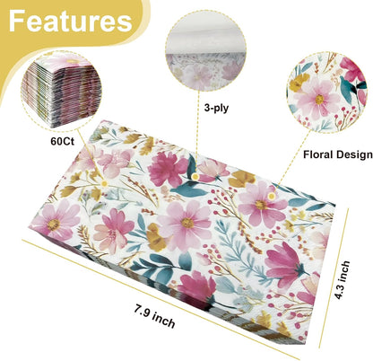 Ottin Pink Floral Paper Napkins, 60pcs, 3-Ply Disposable Decorative Guest Towels Flower Design for Indoor & Outdoor Spring Party, Wedding, Bridal Shower, Engagement, Birthday Party & Bathroom