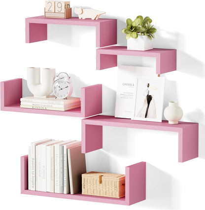Pink Floating Shelves, Set of 5 Solid Wood Wall Mounted Shelves