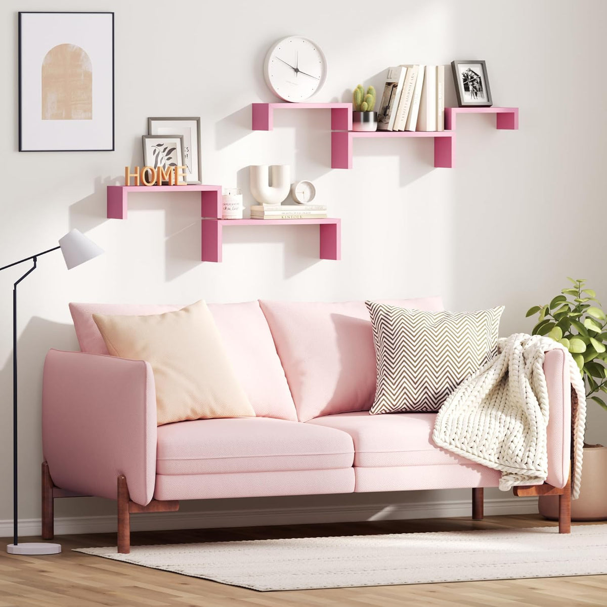 Pink Floating Shelves, Set of 5 Solid Wood Wall Mounted Shelves