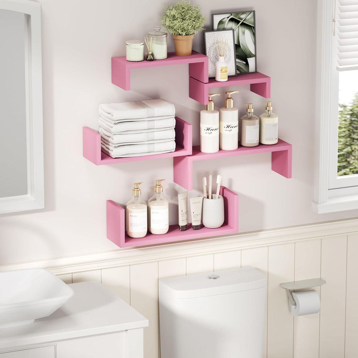 Pink Floating Shelves, Set of 5 Solid Wood Wall Mounted Shelves