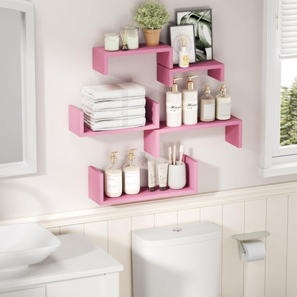 Pink Floating Shelves, Set of 5 Solid Wood Wall Mounted Shelves