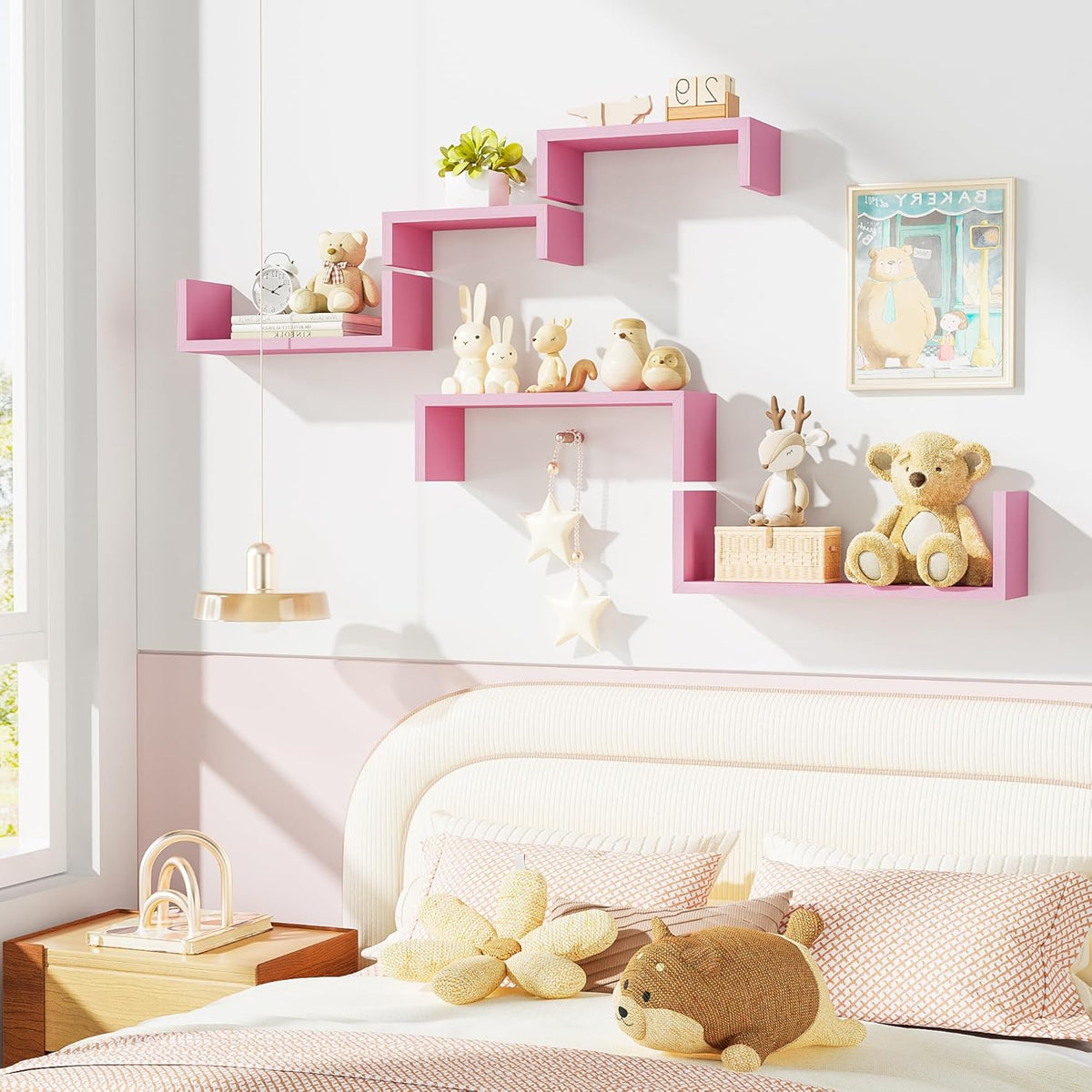 Pink Floating Shelves, Set of 5 Solid Wood Wall Mounted Shelves
