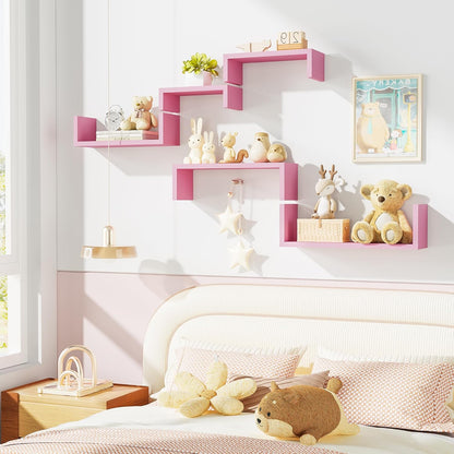 Pink Floating Shelves, Set of 5 Solid Wood Wall Mounted Shelves