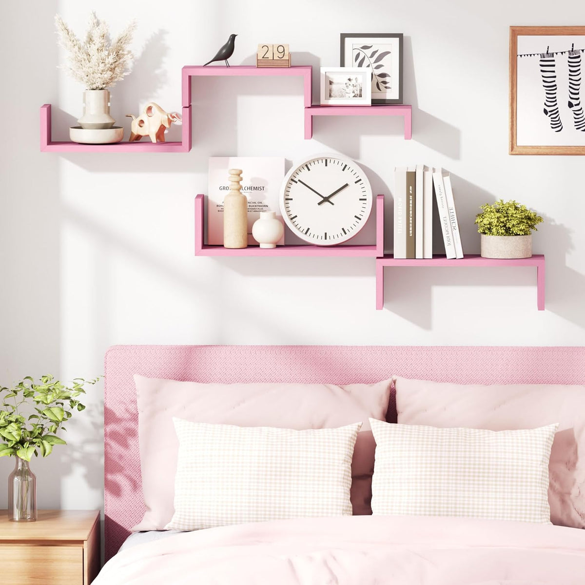 Pink Floating Shelves, Set of 5 Solid Wood Wall Mounted Shelves