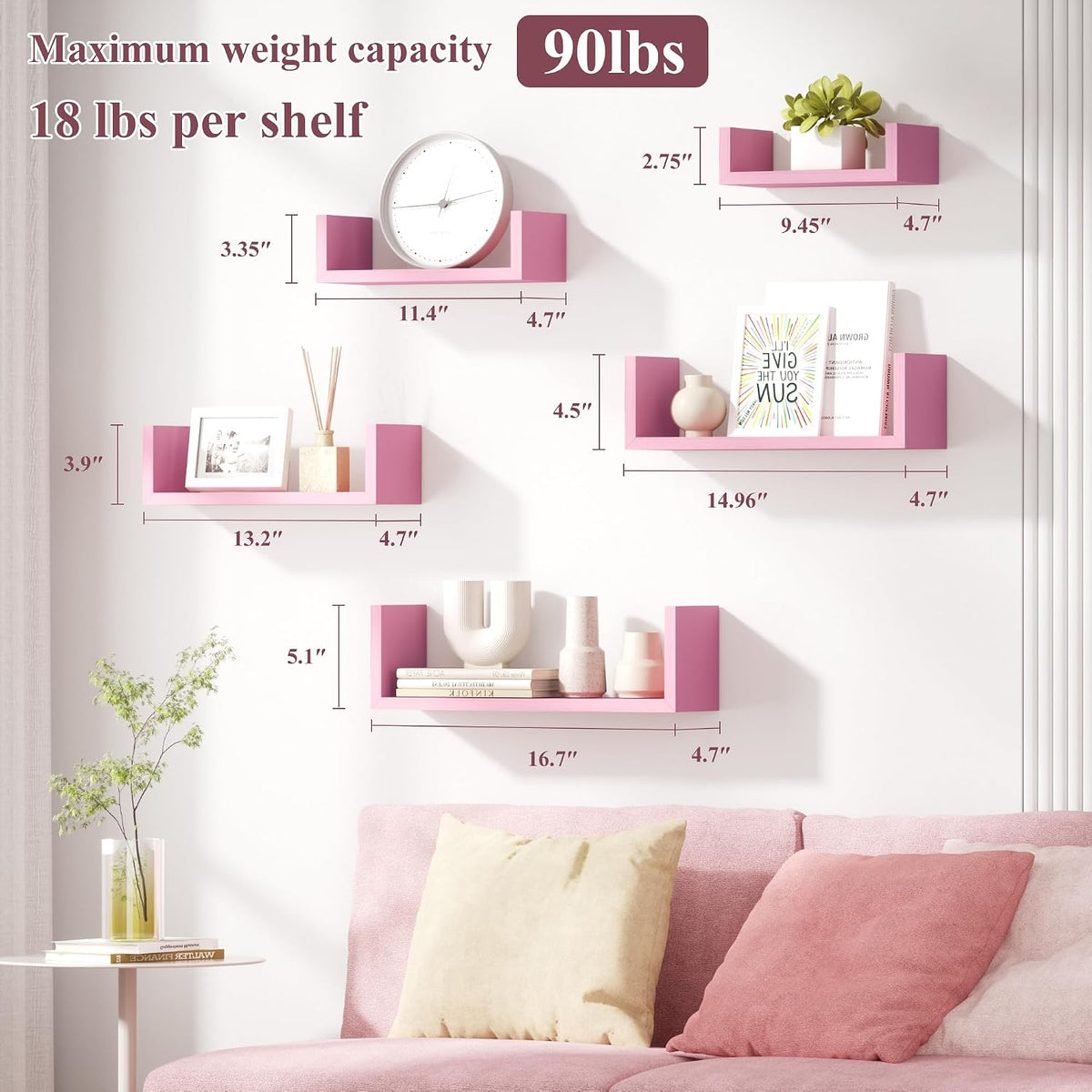 Pink Floating Shelves, Set of 5 Solid Wood Wall Mounted Shelves