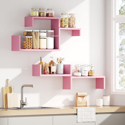 Pink Floating Shelves, Set of 5 Solid Wood Wall Mounted Shelves