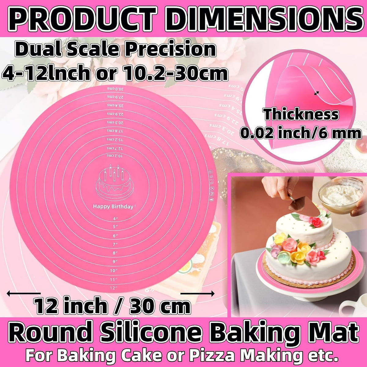 Silicone Baking Mat Cake Mat Silicone Cake Mat Silicone Baking Mat with Measurements for CakeTurntable Stand Non-Stick Heat Resistant Pastry Baking Sheet -Pink