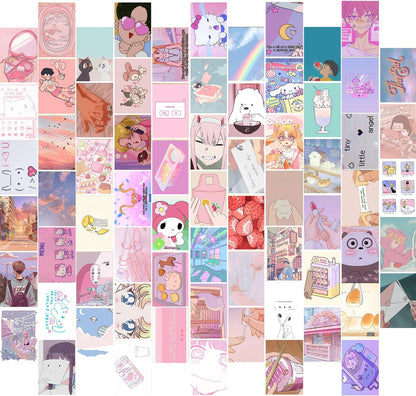 Anime Aesthetic Wall Collage Kit, 70pcs Kawaii Room Decor, Pink Cartoon Assembled Print Card Set, Anime Photo Wall Collage Posters for Room Aesthetic, Cute Danish Pastel Wall Art 4x6 for