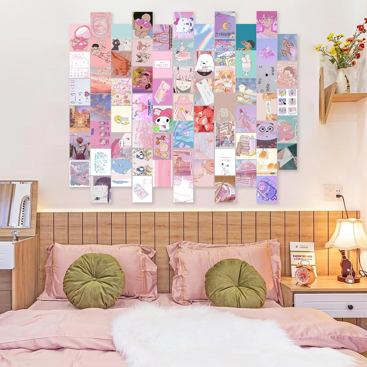 Anime Aesthetic Wall Collage Kit, 70pcs Kawaii Room Decor, Pink Cartoon Assembled Print Card Set, Anime Photo Wall Collage Posters for Room Aesthetic, Cute Danish Pastel Wall Art 4x6 for