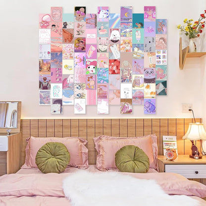 Anime Aesthetic Wall Collage Kit, 70pcs Kawaii Room Decor, Pink Cartoon Assembled Print Card Set, Anime Photo Wall Collage Posters for Room Aesthetic, Cute Danish Pastel Wall Art 4x6 for