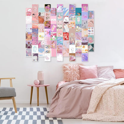 Anime Aesthetic Wall Collage Kit, 70pcs Kawaii Room Decor, Pink Cartoon Assembled Print Card Set, Anime Photo Wall Collage Posters for Room Aesthetic, Cute Danish Pastel Wall Art 4x6 for