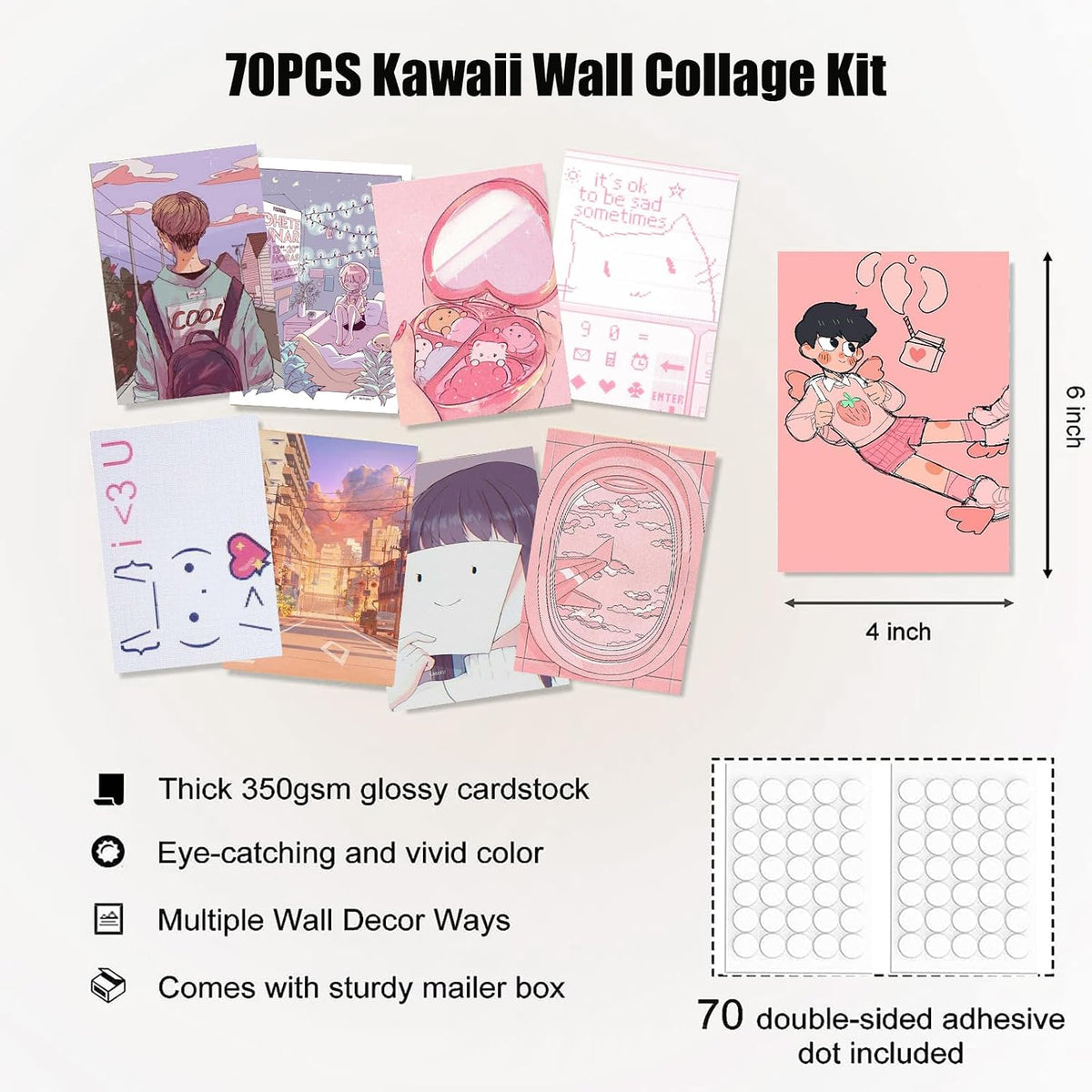 Anime Aesthetic Wall Collage Kit, 70pcs Kawaii Room Decor, Pink Cartoon Assembled Print Card Set, Anime Photo Wall Collage Posters for Room Aesthetic, Cute Danish Pastel Wall Art 4x6 for