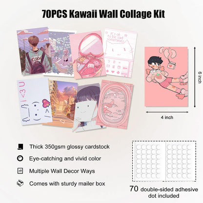 Anime Aesthetic Wall Collage Kit, 70pcs Kawaii Room Decor, Pink Cartoon Assembled Print Card Set, Anime Photo Wall Collage Posters for Room Aesthetic, Cute Danish Pastel Wall Art 4x6 for