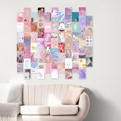 Anime Aesthetic Wall Collage Kit, 70pcs Kawaii Room Decor, Pink Cartoon Assembled Print Card Set, Anime Photo Wall Collage Posters for Room Aesthetic, Cute Danish Pastel Wall Art 4x6 for