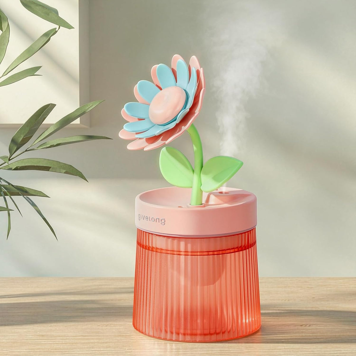 Cute Flower Mini Humidifier, Small Cool Mist Desk Humidifiers, Portable USB Personal Desktop Plant Humidifiers, Cooling for Home Office Car Travel Indoor Outdoor (260ml, Pink Sunflower)