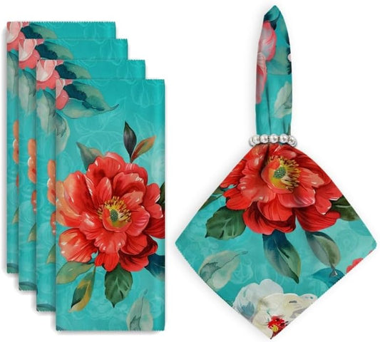 Cloth Napkins 4pcs Vintage Floral Pattern of Teal Background with Red and Pink Peonies Soft Washable Reusable Dining Table Napkin for Weddings Party,Dinner Decor,18x18Inch