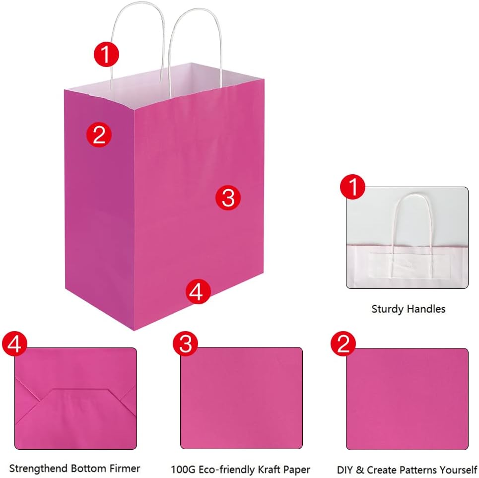 50 Pack 8x4.75x10 Inch Medium Hot Pink Kraft Paper Bags with Handles Bulk for Birthday Wedding Party Favors Grocery Retail Shopping Business Goody Craft Gift Bags Sacks (Fuchsia 50pcs Count)