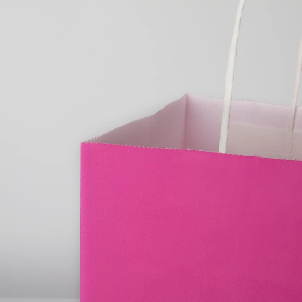 50 Pack 8x4.75x10 Inch Medium Hot Pink Kraft Paper Bags with Handles Bulk for Birthday Wedding Party Favors Grocery Retail Shopping Business Goody Craft Gift Bags Sacks (Fuchsia 50pcs Count)