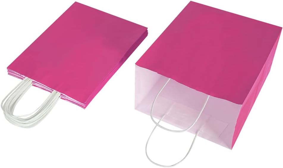50 Pack 8x4.75x10 Inch Medium Hot Pink Kraft Paper Bags with Handles Bulk for Birthday Wedding Party Favors Grocery Retail Shopping Business Goody Craft Gift Bags Sacks (Fuchsia 50pcs Count)