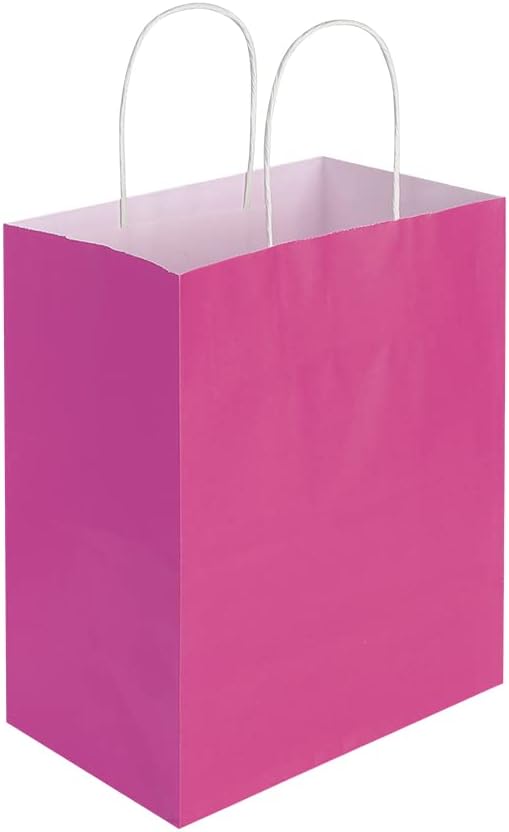 50 Pack 8x4.75x10 Inch Medium Hot Pink Kraft Paper Bags with Handles Bulk for Birthday Wedding Party Favors Grocery Retail Shopping Business Goody Craft Gift Bags Sacks (Fuchsia 50pcs Count)