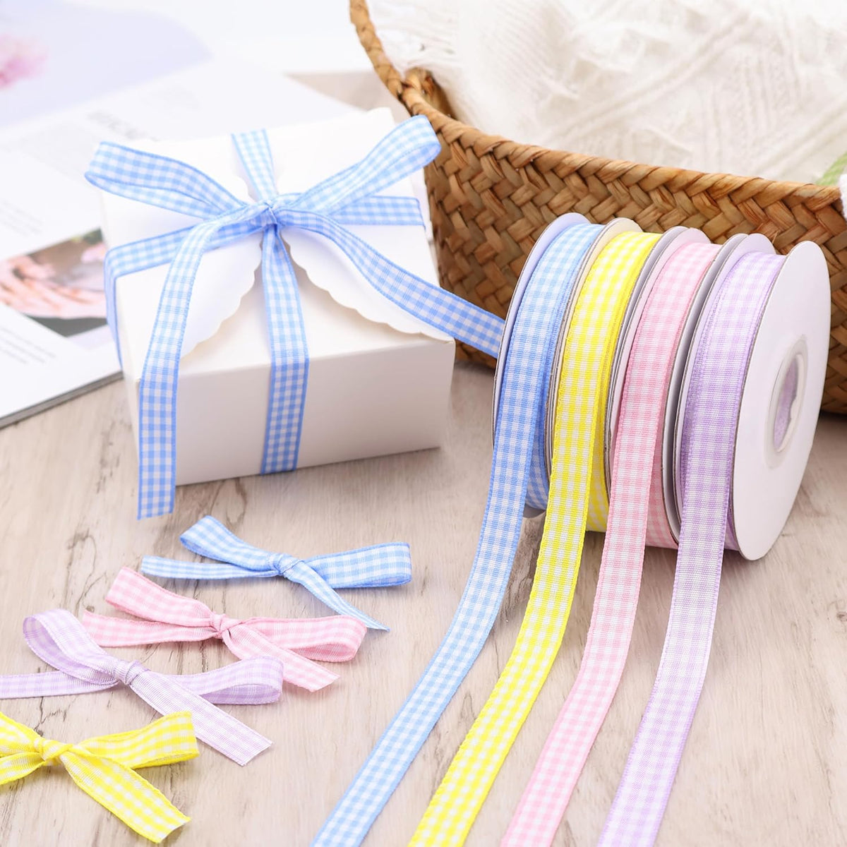 IDONGCAI Gingham Ribbon 60 Yards 4 Rolls Plaid Ribbon 3/8 Inch Checkerd Ribbon for Gift Wrapping Baby Shower(Light Purple Yellow Blue Pink)
