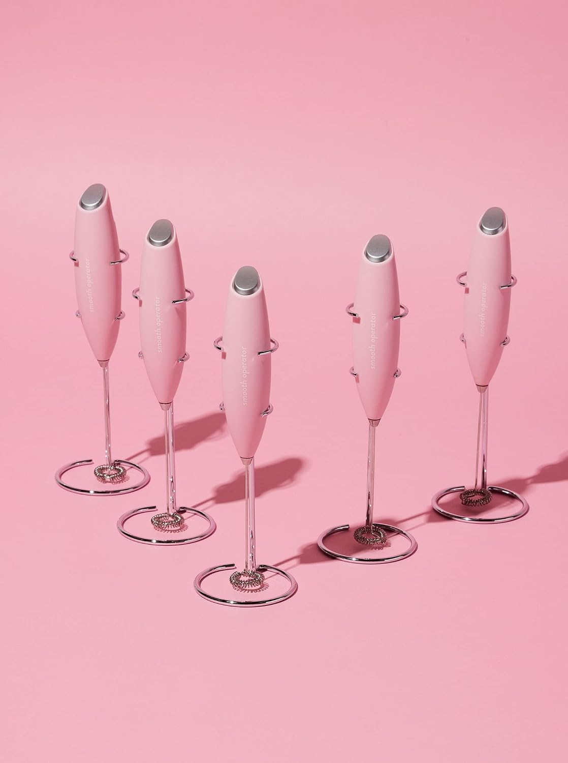 Smooth Operator Pink Handheld Electric Whisk, Milk Frother, Foam Maker for Protein, Coffee & More - Stainless Steel Stand Included