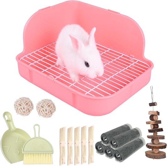 Rabbit Litter Box Toilet, Plastic Square Cage Box Potty Trainer Corner Litter Bedding Box Pet Pan for Small Animals, Rabbits, Guinea Pigs, Chinchilla, Ferret, Galesaur, 11.4 Inches (Pink)