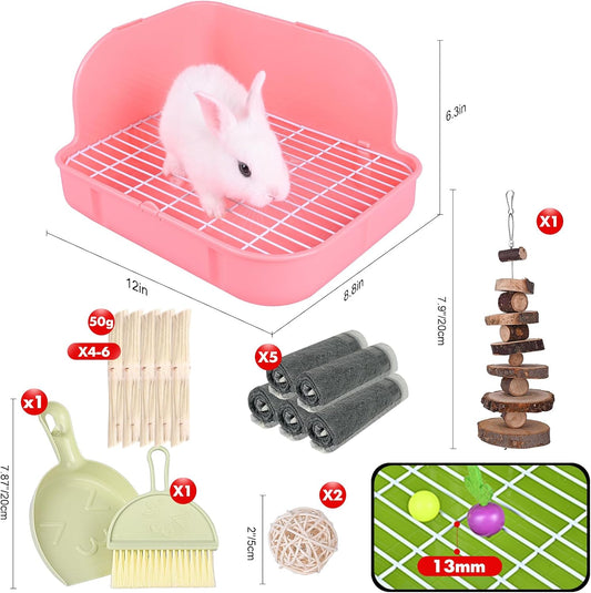 Rabbit Litter Box Toilet, Plastic Square Cage Box Potty Trainer Corner Litter Bedding Box Pet Pan for Small Animals, Rabbits, Guinea Pigs, Chinchilla, Ferret, Galesaur, 11.4 Inches (Pink)
