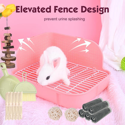 Rabbit Litter Box Toilet, Plastic Square Cage Box Potty Trainer Corner Litter Bedding Box Pet Pan for Small Animals, Rabbits, Guinea Pigs, Chinchilla, Ferret, Galesaur, 11.4 Inches (Pink)