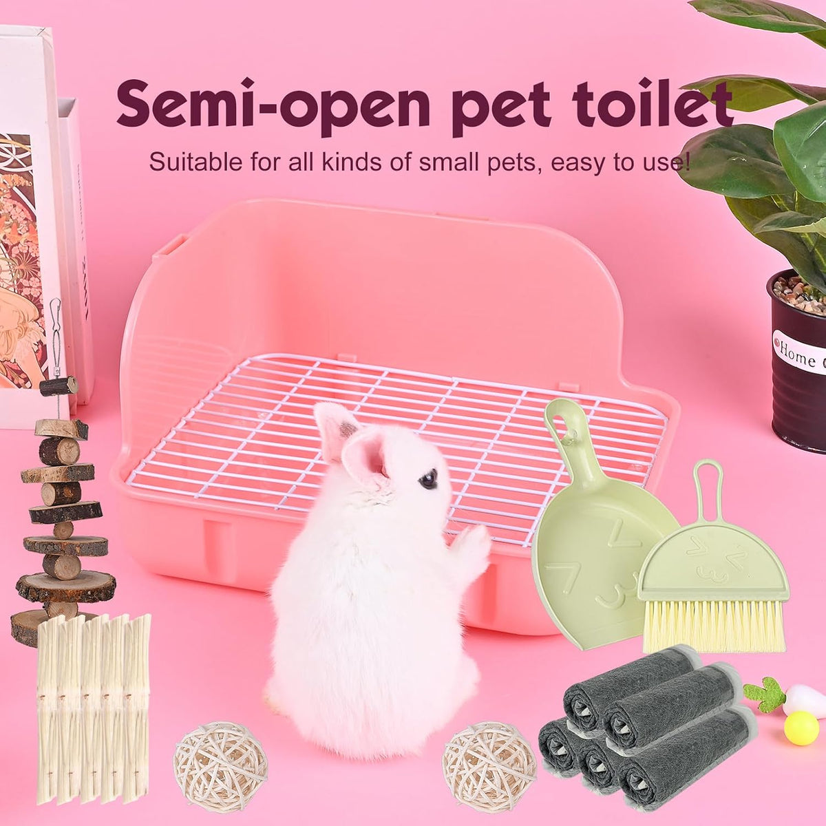 Rabbit Litter Box Toilet, Plastic Square Cage Box Potty Trainer Corner Litter Bedding Box Pet Pan for Small Animals, Rabbits, Guinea Pigs, Chinchilla, Ferret, Galesaur, 11.4 Inches (Pink)