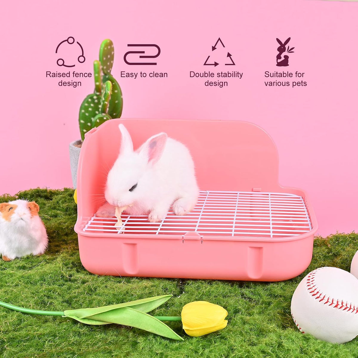 Rabbit Litter Box Toilet, Plastic Square Cage Box Potty Trainer Corner Litter Bedding Box Pet Pan for Small Animals, Rabbits, Guinea Pigs, Chinchilla, Ferret, Galesaur, 11.4 Inches (Pink)