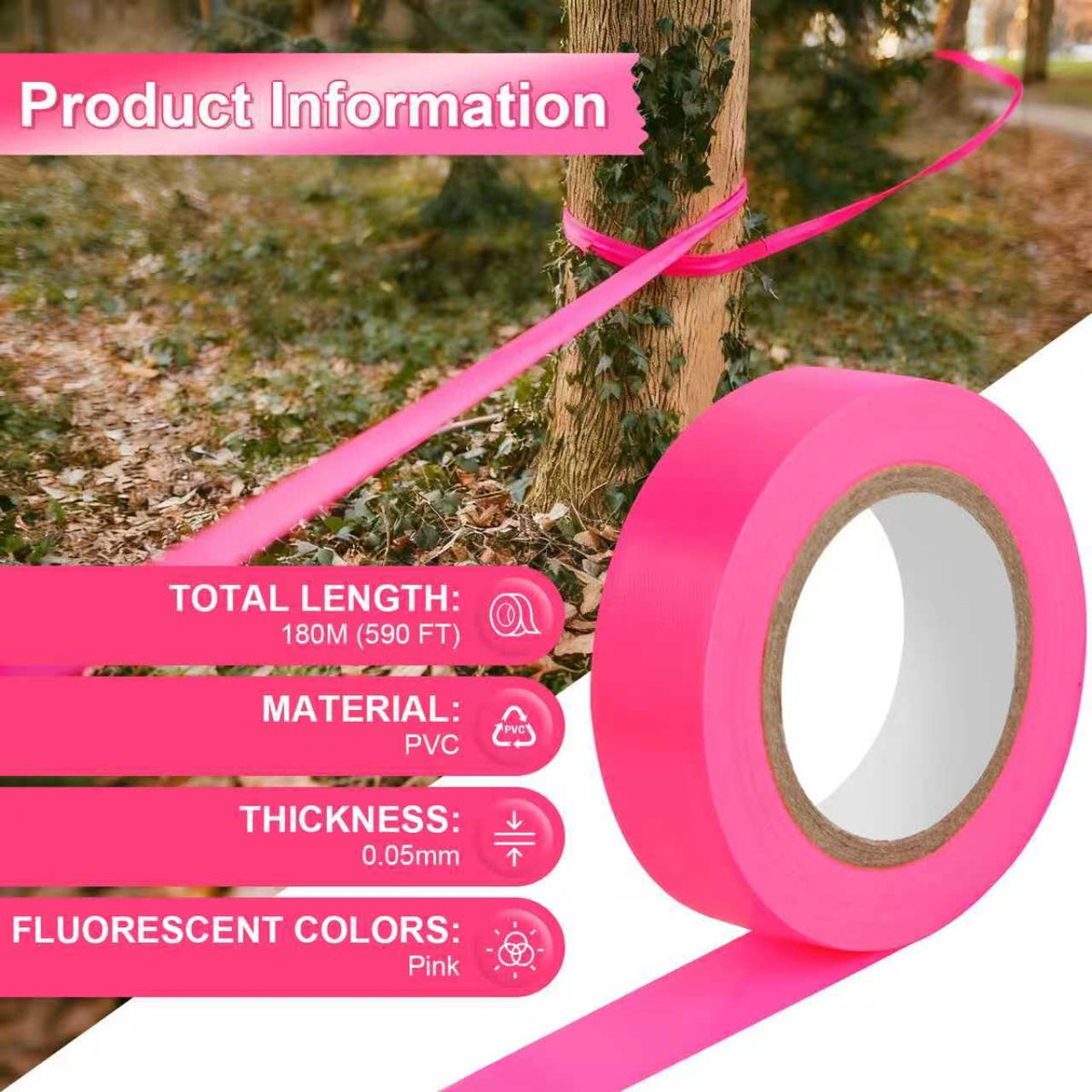 6 Rolls Pink Flagging Tape, 0.7in X 98.4ft(Total 590.4ft) Non-Adhesive Neon Marking Tape, Plastic Survey Ribbon Rolls for Location Marking, Cable Bundling, Tree Labeling, Hunting, Construction Sites