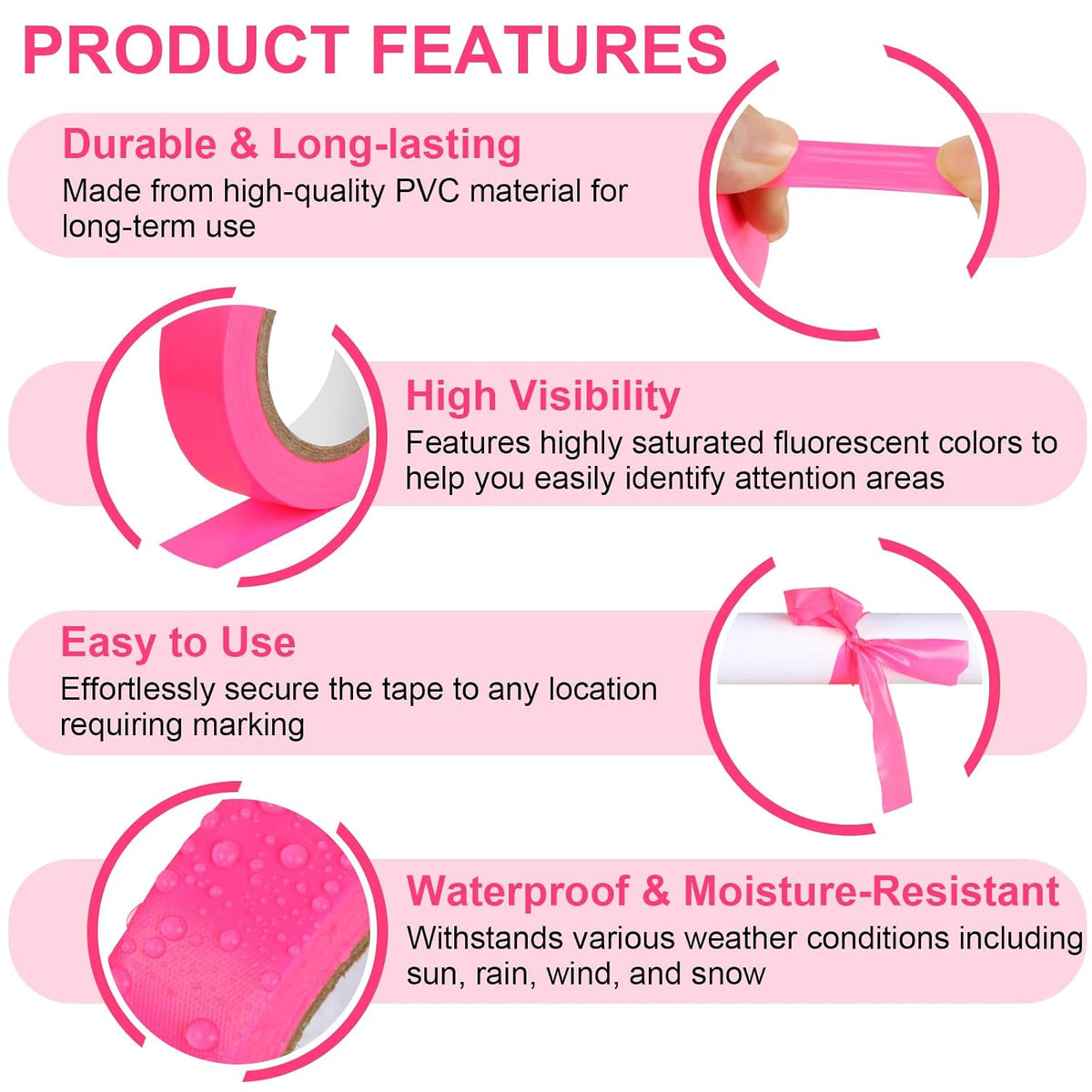 6 Rolls Pink Flagging Tape, 0.7in X 98.4ft(Total 590.4ft) Non-Adhesive Neon Marking Tape, Plastic Survey Ribbon Rolls for Location Marking, Cable Bundling, Tree Labeling, Hunting, Construction Sites