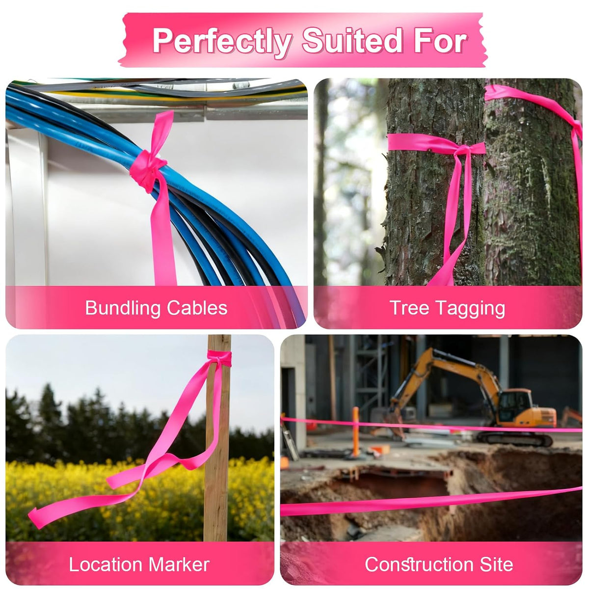 6 Rolls Pink Flagging Tape, 0.7in X 98.4ft(Total 590.4ft) Non-Adhesive Neon Marking Tape, Plastic Survey Ribbon Rolls for Location Marking, Cable Bundling, Tree Labeling, Hunting, Construction Sites