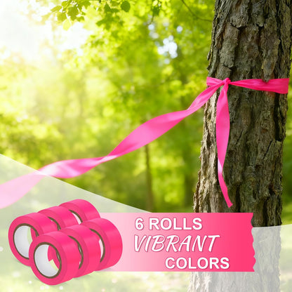 6 Rolls Pink Flagging Tape, 0.7in X 98.4ft(Total 590.4ft) Non-Adhesive Neon Marking Tape, Plastic Survey Ribbon Rolls for Location Marking, Cable Bundling, Tree Labeling, Hunting, Construction Sites