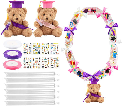 Graduation Candy Leis Making Kit DIY Netting Tubing Stuffed Plush Bear Ribbon Grad Glitter Card Candy Lei for Graduation Congrats Party Supplies 3 Color ribbon(COLOR:white&pink&purple)
