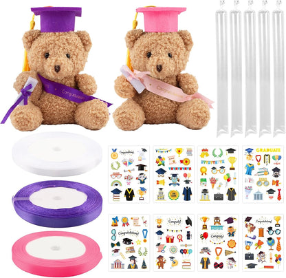 Graduation Candy Leis Making Kit DIY Netting Tubing Stuffed Plush Bear Ribbon Grad Glitter Card Candy Lei for Graduation Congrats Party Supplies 3 Color ribbon(COLOR:white&pink&purple)