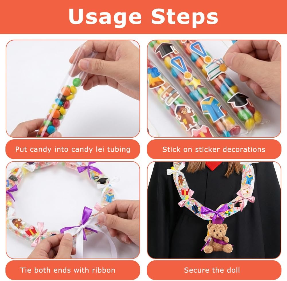 Graduation Candy Leis Making Kit DIY Netting Tubing Stuffed Plush Bear Ribbon Grad Glitter Card Candy Lei for Graduation Congrats Party Supplies 3 Color ribbon(COLOR:white&pink&purple)