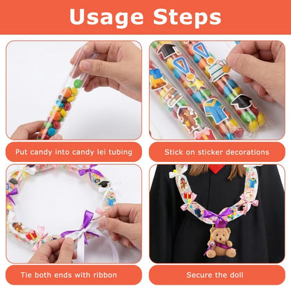 Graduation Candy Leis Making Kit DIY Netting Tubing Stuffed Plush Bear Ribbon Grad Glitter Card Candy Lei for Graduation Congrats Party Supplies 3 Color ribbon(COLOR:white&pink&purple)