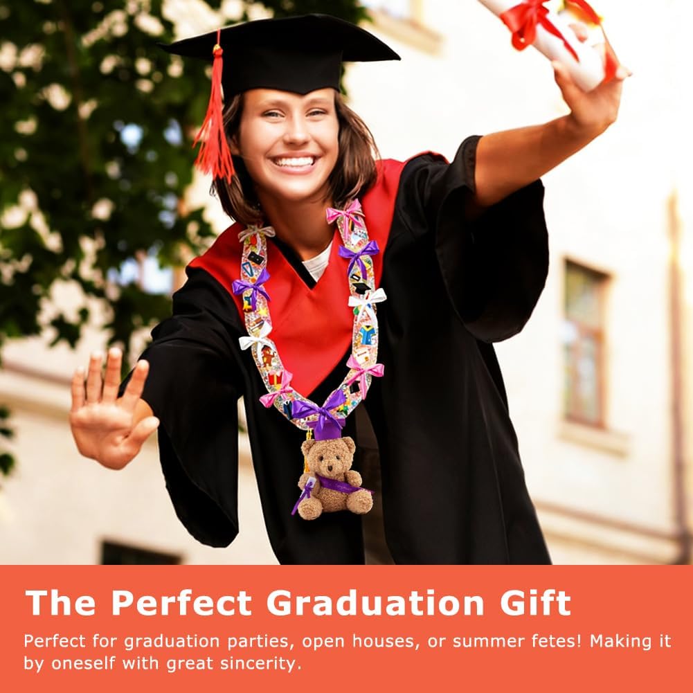 Graduation Candy Leis Making Kit DIY Netting Tubing Stuffed Plush Bear Ribbon Grad Glitter Card Candy Lei for Graduation Congrats Party Supplies 3 Color ribbon(COLOR:white&pink&purple)
