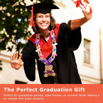 Graduation Candy Leis Making Kit DIY Netting Tubing Stuffed Plush Bear Ribbon Grad Glitter Card Candy Lei for Graduation Congrats Party Supplies 3 Color ribbon(COLOR:white&pink&purple)
