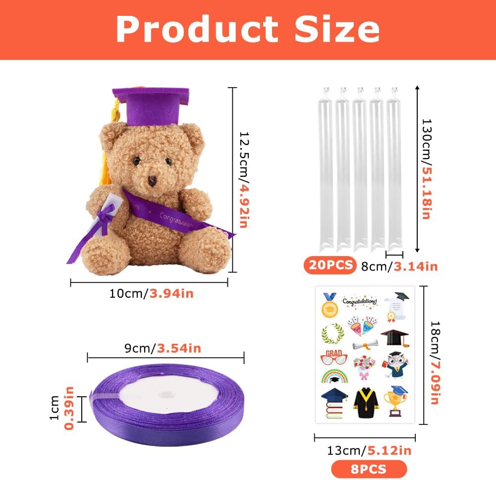 Graduation Candy Leis Making Kit DIY Netting Tubing Stuffed Plush Bear Ribbon Grad Glitter Card Candy Lei for Graduation Congrats Party Supplies 3 Color ribbon(COLOR:white&pink&purple)