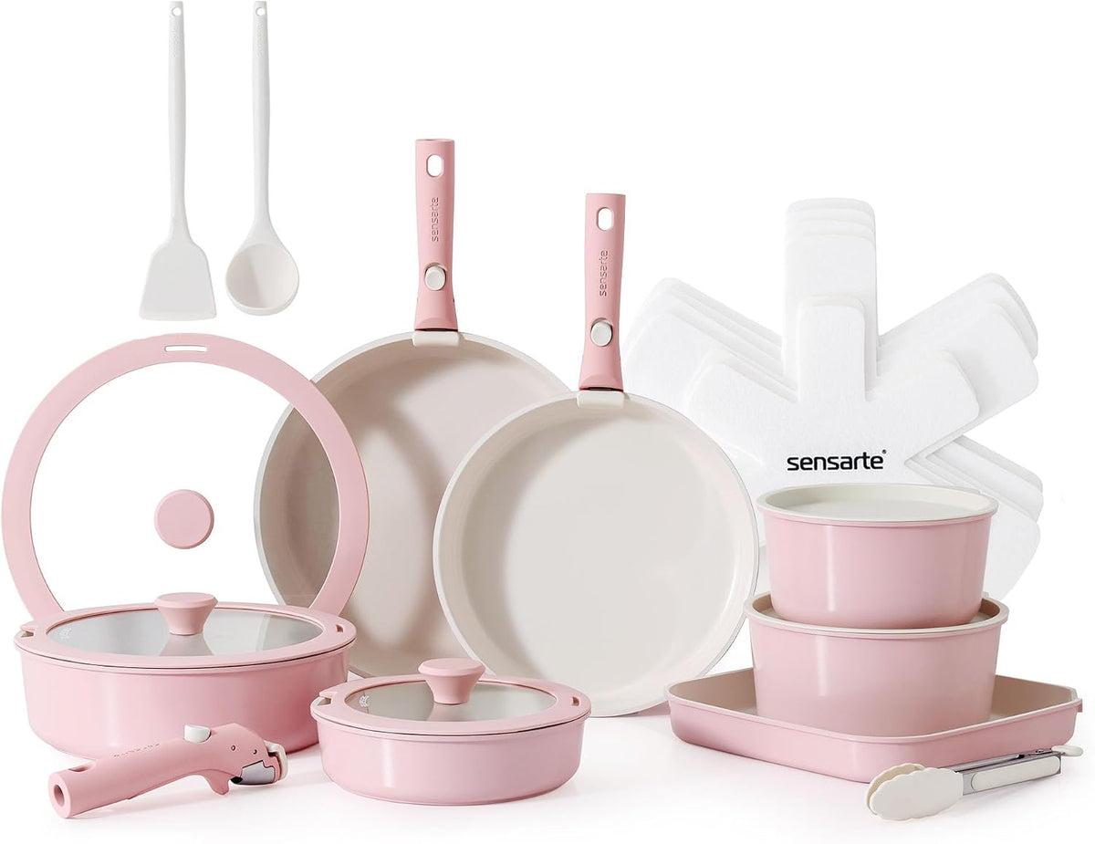 24 Piece Ceramic Detachable Handle Pots and Pans Set Pink