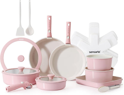 24 Piece Ceramic Detachable Handle Pots and Pans Set Pink
